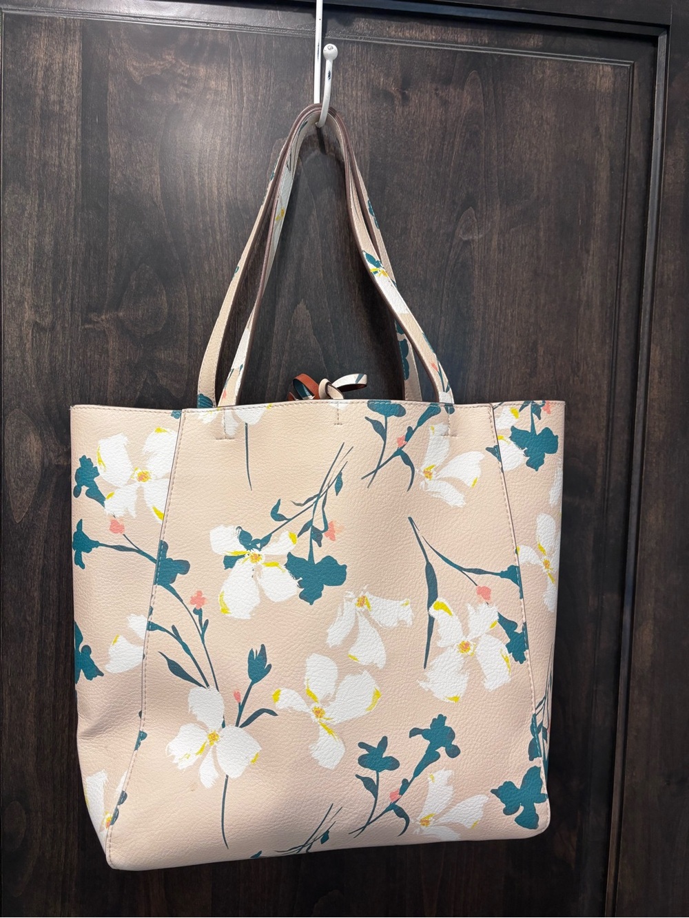 a new day Beige Floral Tote Bag with Teal & White Accents